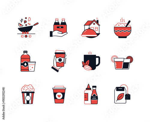 Prepare food and take away - line design style icons set