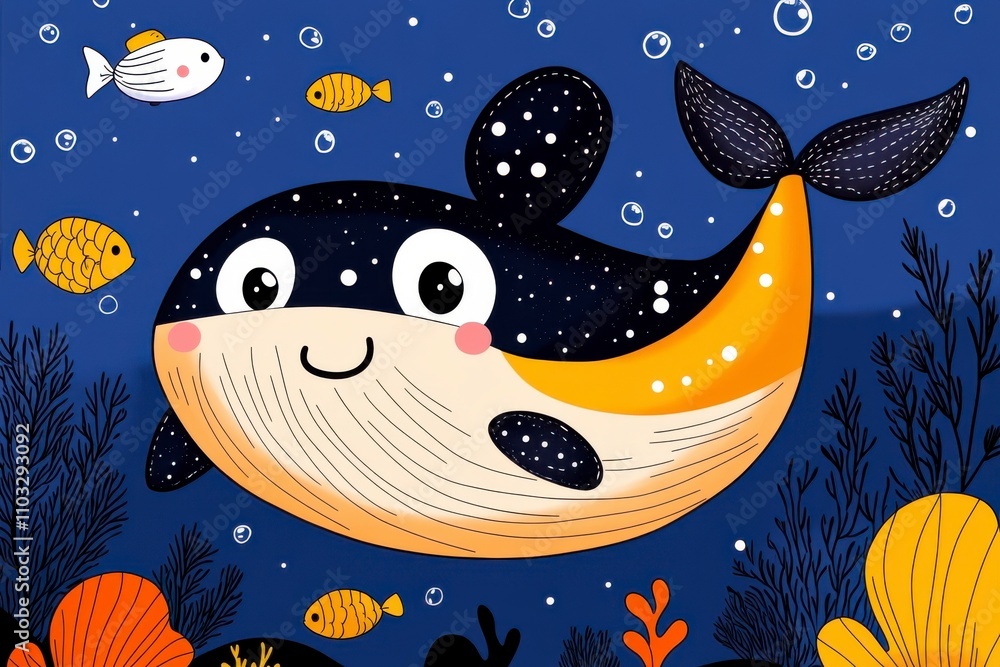 Naklejka premium A cheerful cartoon whale swims among colorful fish in a vibrant underwater scene filled with bubbles and marine life.