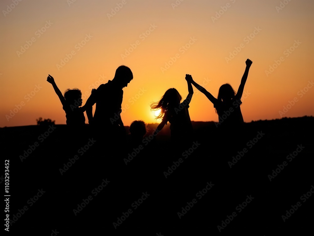 A beautiful black silhouette of a family with children playing together during sunset, capturing the essence of childhood joy and innocence, family, bonding, happiness A beautiful black silhouette of a family with children playing together during sunset, capturing the essence of childhood joy and innocence, family, bonding, happiness
