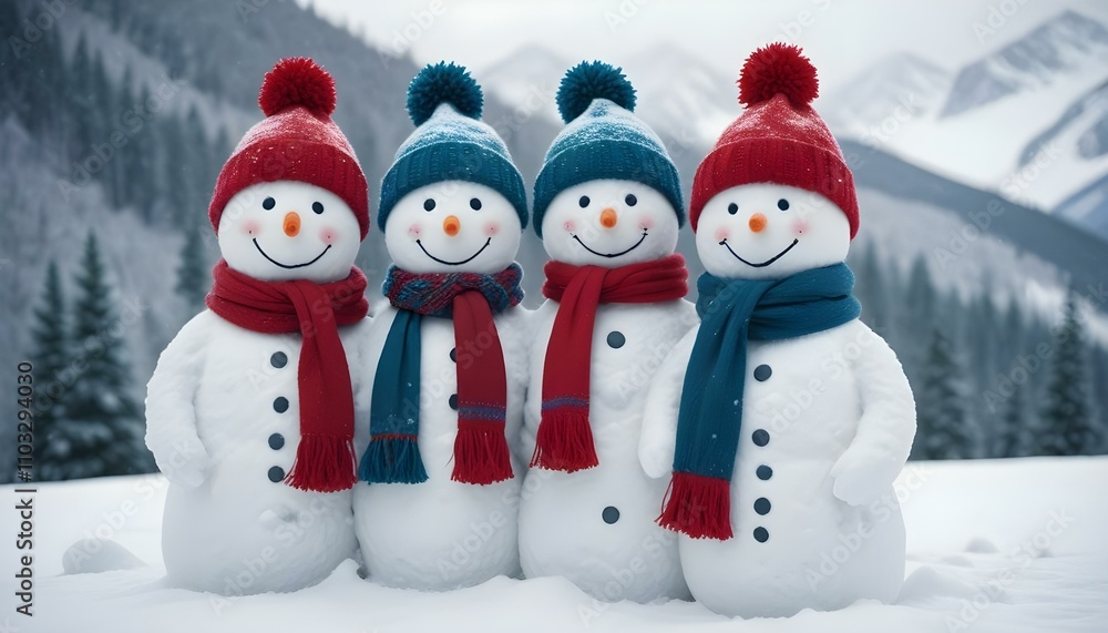 Tres muñecos de nieve con sombreros rojos y bufandas de pie en la nieve con un fondo nevado y borroso Tres muñecos de nieve con sombreros rojos y bufandas de pie en la nieve con un fondo nevado y borroso