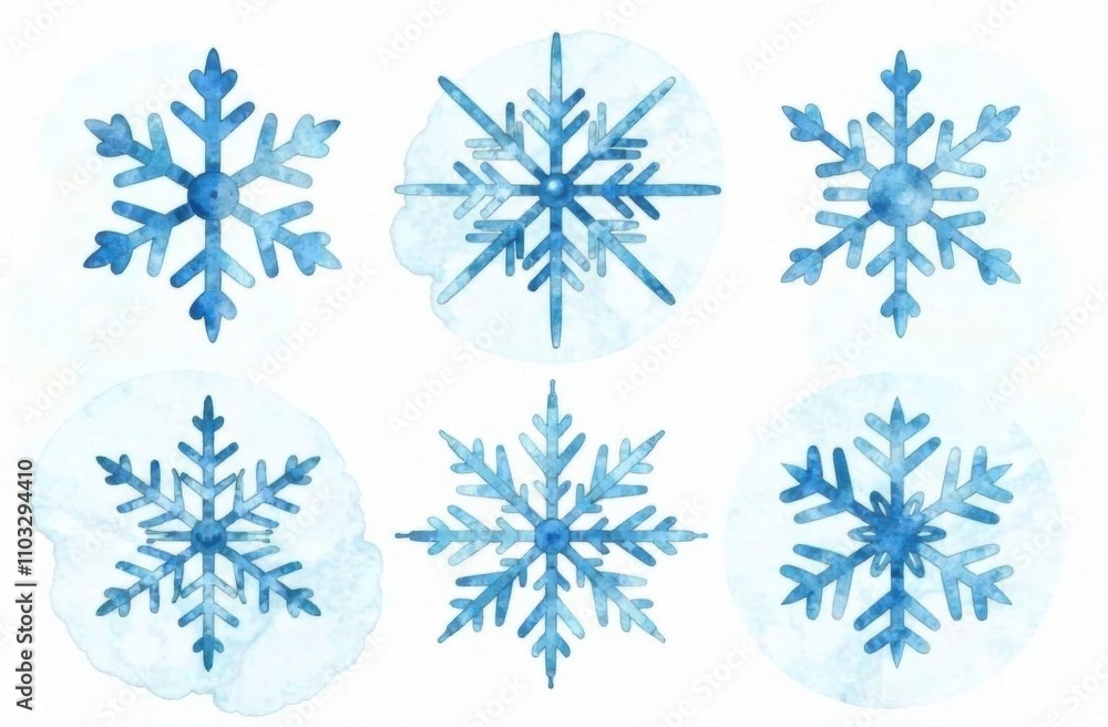 Delicate watercolor snowflakes in different designs showcase the beauty of winter against a soft blue backdrop, creating a serene atmosphere. Generative AI Delicate watercolor snowflakes in different designs showcase the beauty of winter against a soft blue backdrop, creating a serene atmosphere. Generative AI