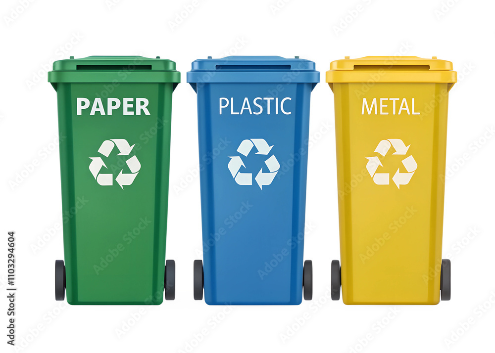 A set of neatly aligned recycling bins in green, blue, and yellow, labeled for paper, plastic, and metal, isolated on a transparent background