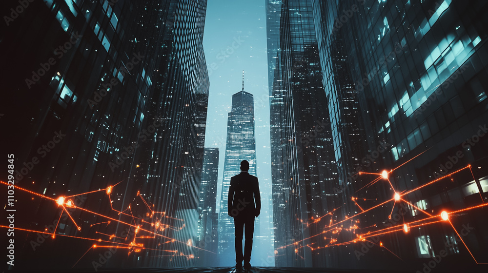 Abstract business man stands on the peak of success amid tall, innovative Smart city and graphs with statistics to analyze business potential and predict future developments in company growth. Abstract business man stands on the peak of success amid tall, innovative Smart city and graphs with statistics to analyze business potential and predict future developments in company growth.
