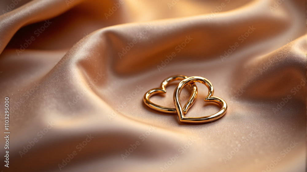 Elegant Gold Heart Rings on Satin Fabric Elegant Gold Heart Rings on Satin Fabric