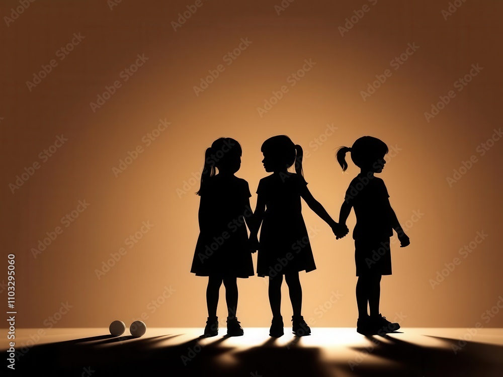 Fototapeta premium Silhouette of a family of children holding hands and standing together in silence, tranquility, connection, quiet