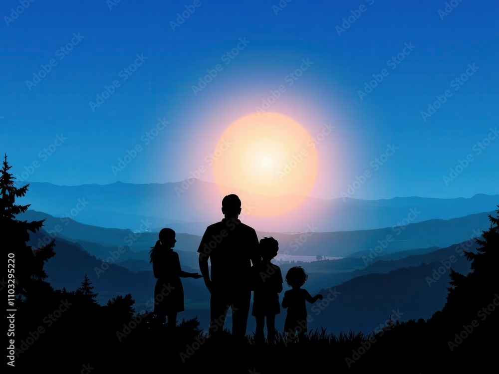 Silhouette of a family enjoying a beautiful scenic view together, bonding, family, love Silhouette of a family enjoying a beautiful scenic view together, bonding, family, love