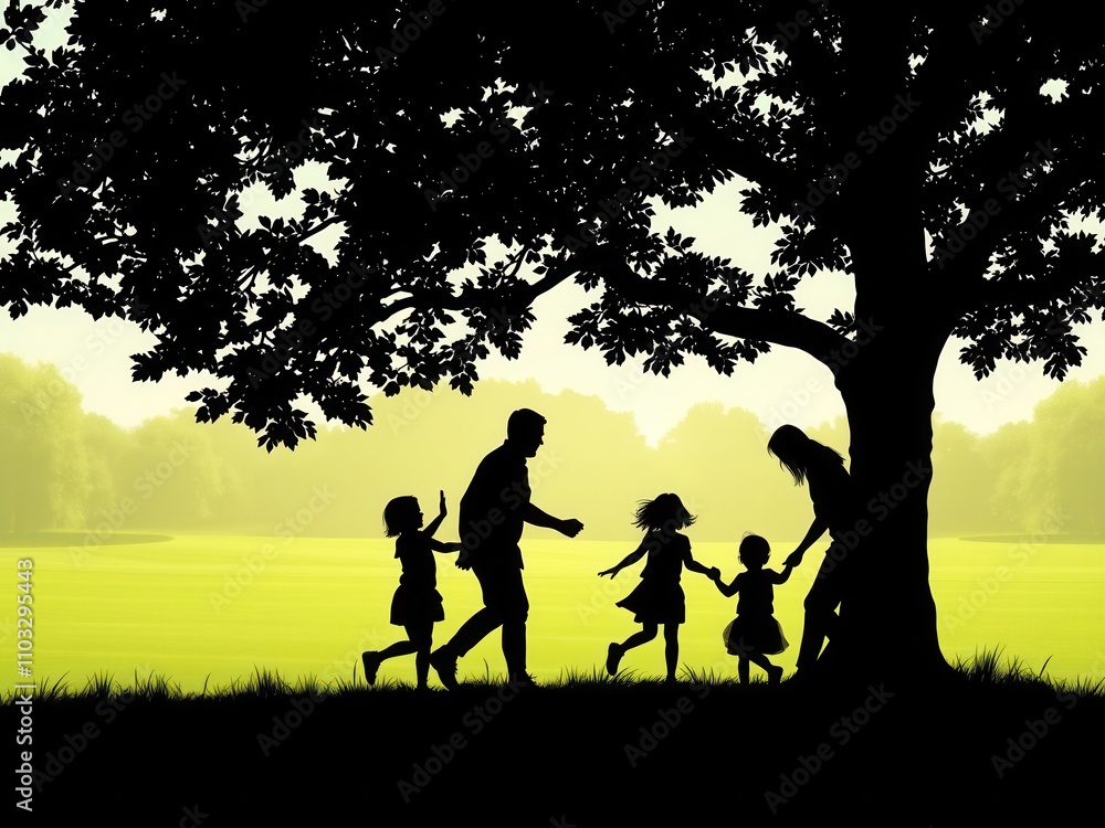 Silhouette of a family with children playing in a park under a tree, outdoors, family, playing Silhouette of a family with children playing in a park under a tree, outdoors, family, playing
