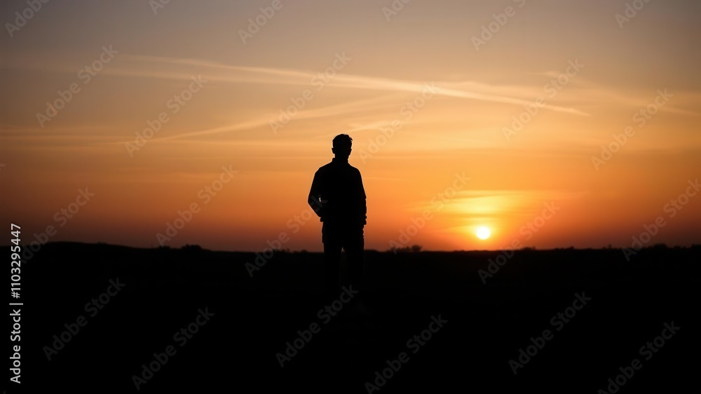 Silhouette of a human figure standing alone in a field at sunset, field, isolated, peaceful Silhouette of a human figure standing alone in a field at sunset, field, isolated, peaceful