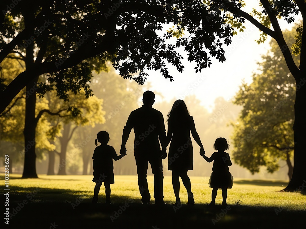Silhouette of family with children holding hands in a park, symbolizing togetherness and unity, park, playing, parents Silhouette of family with children holding hands in a park, symbolizing togetherness and unity, park, playing, parents