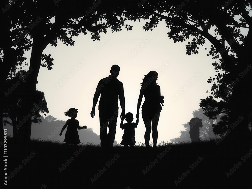 Silhouette of family with children walking in the park, shadows, relaxation, park Silhouette of family with children walking in the park, shadows, relaxation, park
