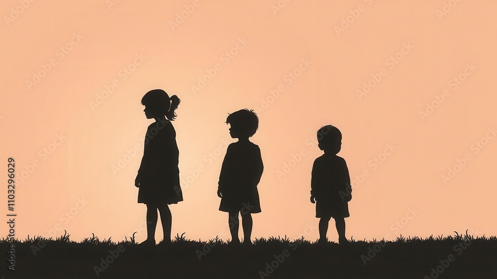 Silhouette of nuclear family with three children standing in silence, peaceful, shape, quiet Silhouette of nuclear family with three children standing in silence, peaceful, shape, quiet