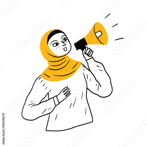 A woman wearing a yellow hijab holding a megaphone. It represents themes like communication, advocacy, or empowerment.