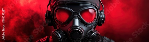 A mysterious figure wearing a gas mask and headphones stands against a dramatic red backdrop, creating an intense atmosphere, This image can be used in contexts related to safety, dystopia photo