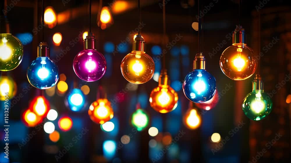 Colorful light bulbs hanging in a cozy restaurant Colorful light bulbs hanging in a cozy restaurant