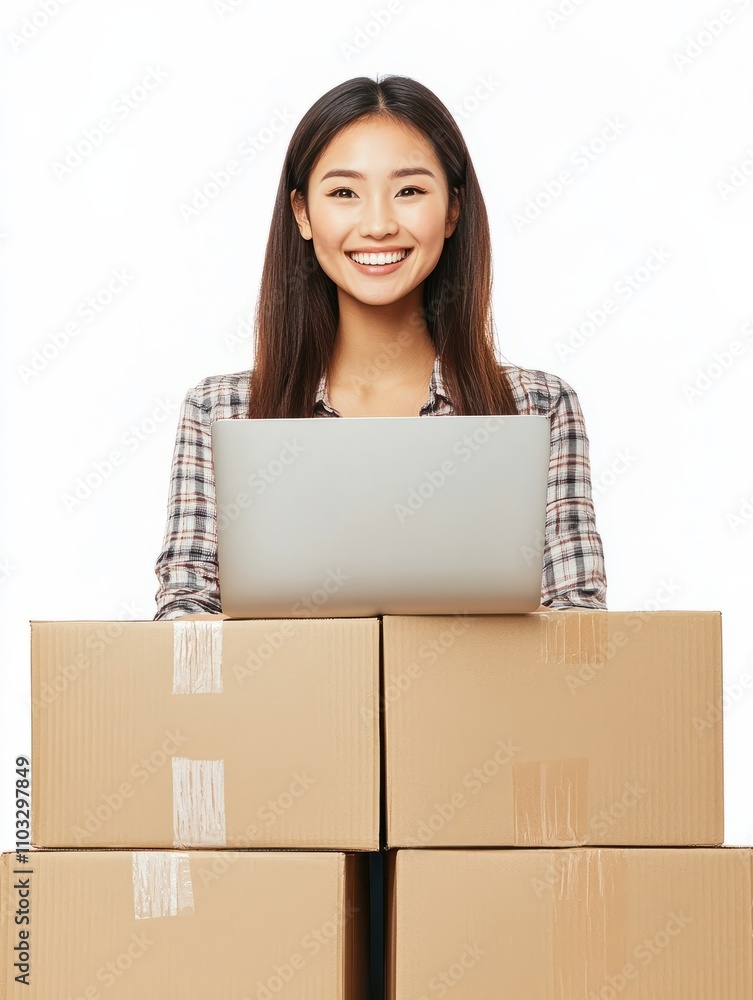 moving, people and real estate concept - happy smiling asian woman with laptop computer and boxes at new home moving, people and real estate concept - happy smiling asian woman with laptop computer and boxes at new home