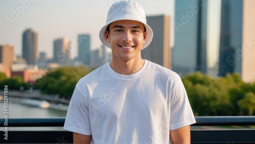 Young man wearing white t-shirt and white bucket hat standing on cityscape background