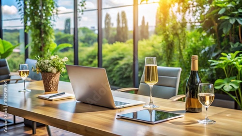 A Celebration of Success: Champagne and Glasses on a Modern Desk Surrounded by Laptops and Papers, Marking the Launch of a New Entrepreneurial Venture in a Contemporary Workspace