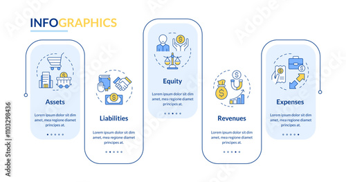 General ledger documents rectangle infographic vector. Operational expenses. Income, revenue. Data visualization with 5 steps. Editable rectangular options chart. Lato-Bold, Regular fonts used