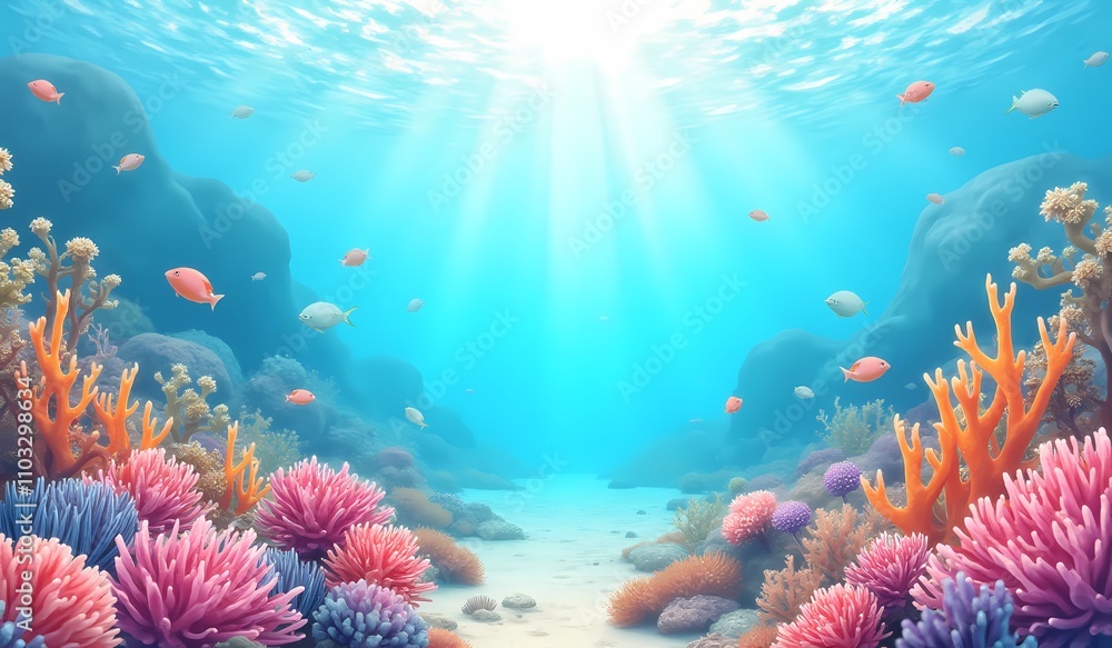 Naklejka premium Colorful coral reef with fish and sunlight in clear water