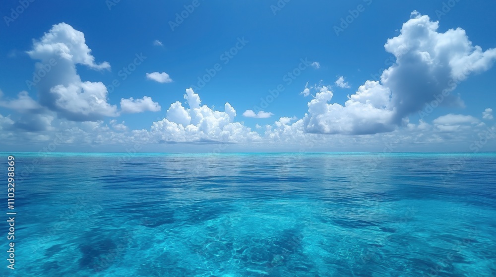 Tranquil turquoise water blending into a tranquil blue sky adorned with fluffy white clouds forms a beautiful tropical oasis Tranquil turquoise water blending into a tranquil blue sky adorned with fluffy white clouds forms a beautiful tropical oasis