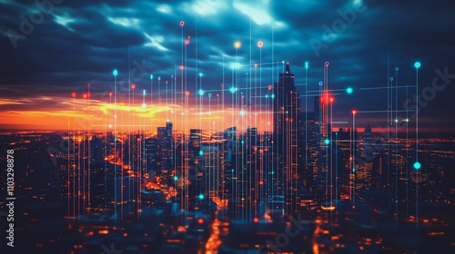 Smart digital city with connection cyber security network reciprocity over the cityscape . future smart wireless digital city and social media networking systems that connects people within the city