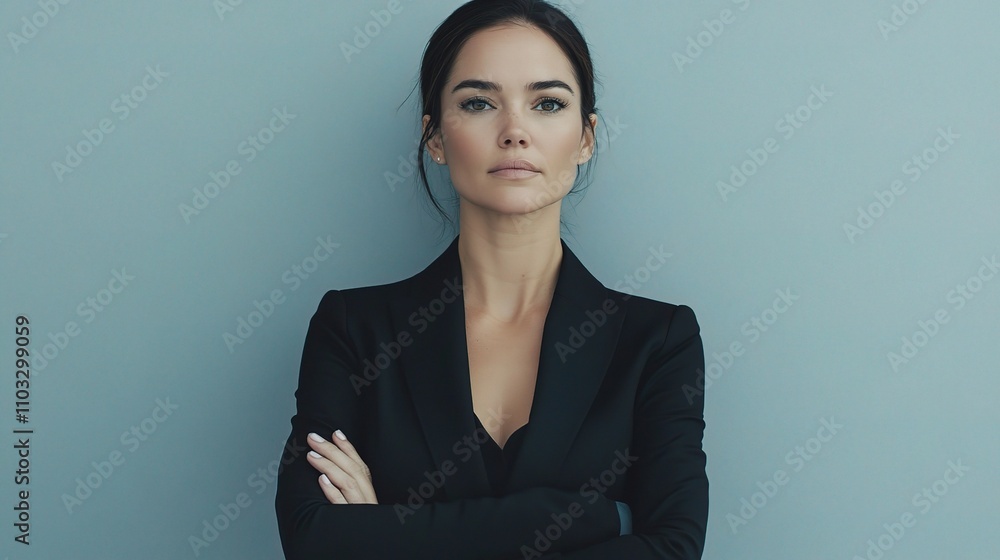 Confident Woman in Black Suit Against Gray Background Portrait Confident Woman in Black Suit Against Gray Background Portrait