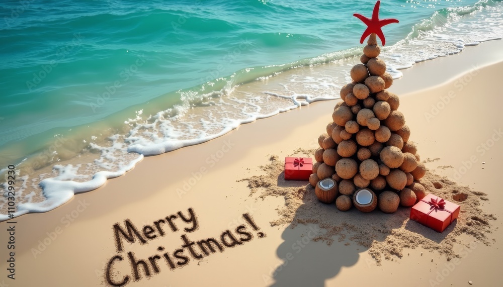 Naklejka premium christmas summer vacation on the beach with christmas tree made from coconuts and starfish Merry Christmas greeting from south