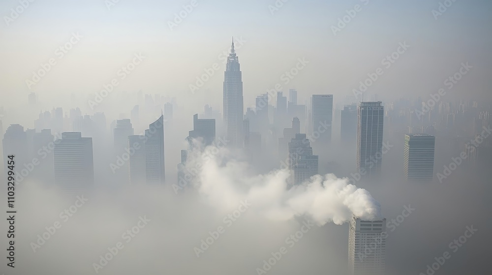 A factory skyline with smoke billowing into a hazy sky