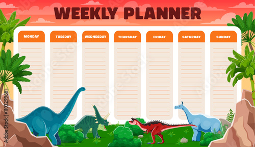 Weekly planner schedule, cartoon funny prehistoric dinosaurs in jungle forest vector background frame. Daily schedule, week calendar or planner, cute brontosaurus, chasmosaurus and carnotaurus dinos