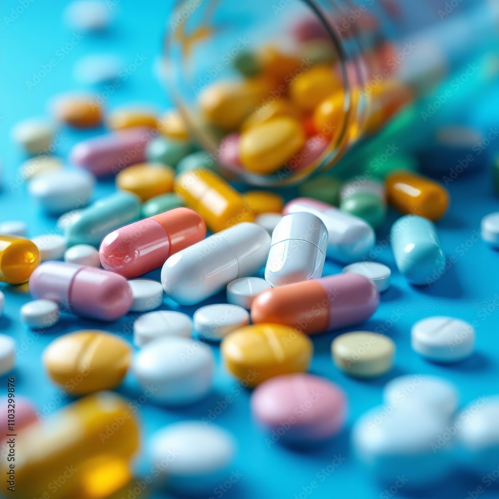 High-resolution pills and capsules on a vibrant blue background; wellness imagery. High-resolution pills and capsules on a vibrant blue background; wellness imagery.