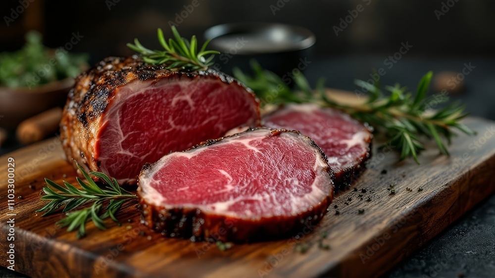 Holiday feast highlight: succulent roast beef slices. AI-crafted culinary art. Holiday feast highlight: succulent roast beef slices. AI-crafted culinary art.