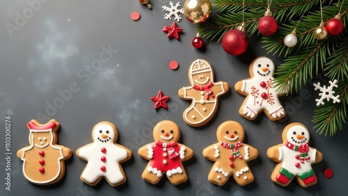 Christmas Background With Gingerbread Cookies. Winter Festive Nature Concept. Flat Lay, Copy Space.