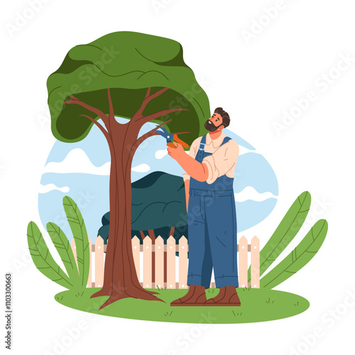 Gardener prune tree or man clip plant leaves. Vector orchard or garden sign. Character at yard or farmer truncate or trimming greenery. Cutter maintenance. Backyard care. Man worker outdoor. Nature