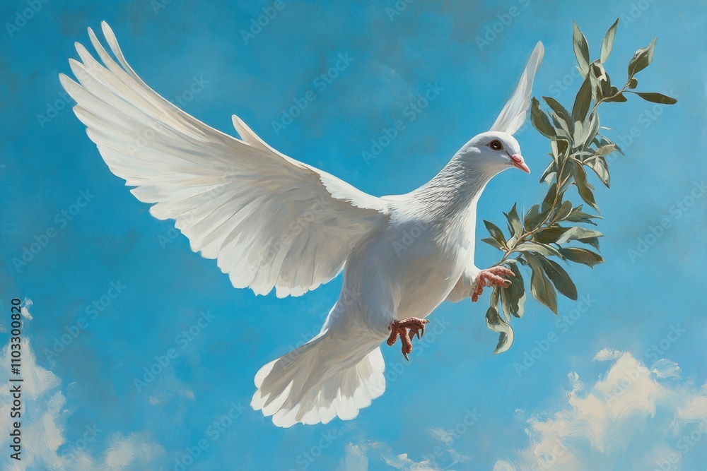 Fototapeta premium A white dove is flying in the sky with a leaf in its beak