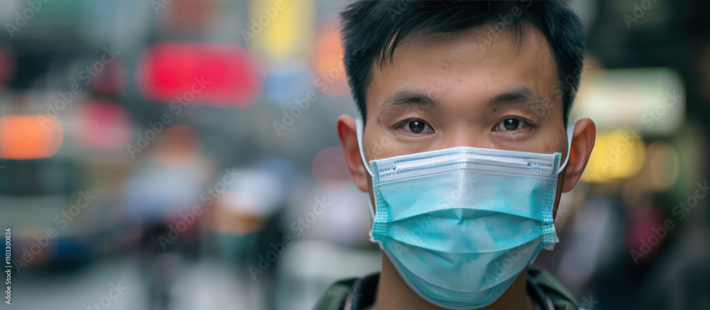 close up face young asian man wearing mask protect himself from virus air pollution on street copy space close up face young asian man wearing mask protect himself from virus air pollution on street copy space