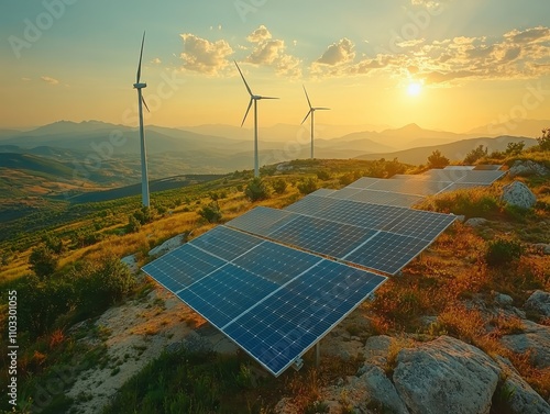 Aerial view of a solar farm and wind turbines working together photo