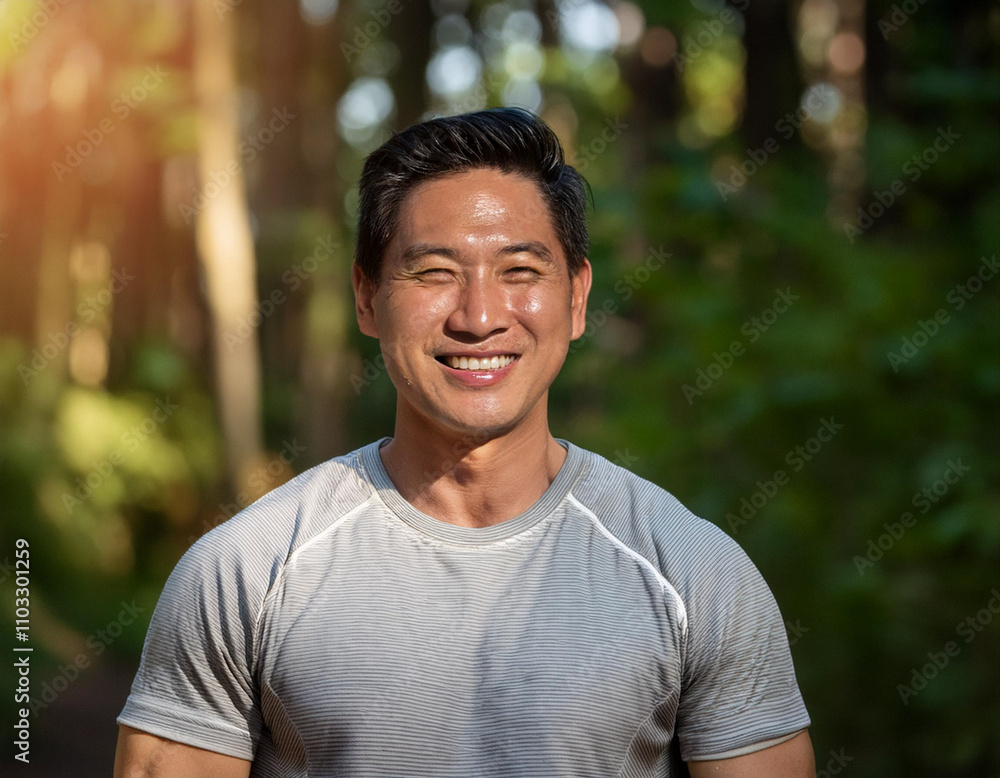 Happy man ready for exercise in forest during summer smiling Happy man ready for exercise in forest during summer smiling