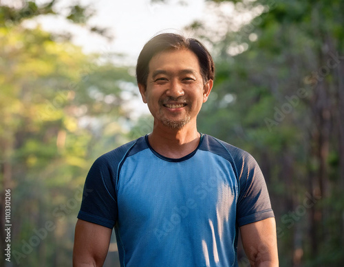 Happy man ready for exercise in forest during summer smiling