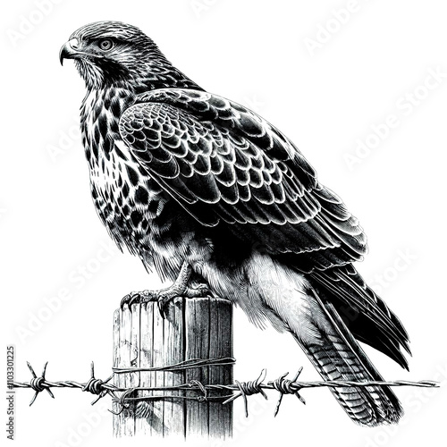 a buzzard perched on a fence post sketch engraving. White background. photo