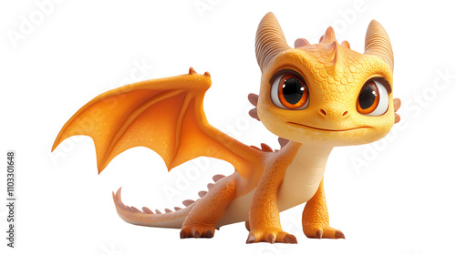 3d render of Dragon isolated on transparent background. png. clipart. Bright yellow dragon in a detailed 3D render with large blue eyes, textured scales, and a playful stance, perfect for fantasy