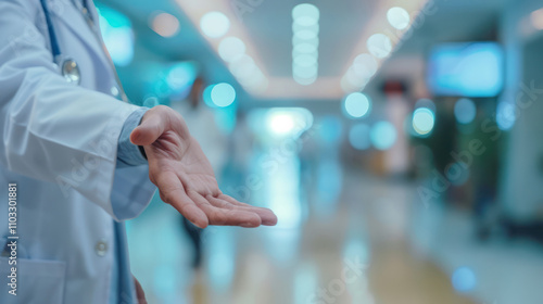 doctor open hand up show arm empty palm hospital corridor blur light