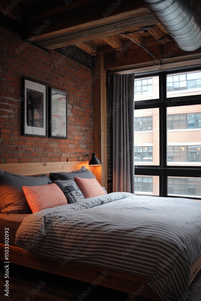 A warm loft bedroom features exposed brick walls, a comfortable bed with striped bedding, and large windows allowing natural light to illuminate the space A warm loft bedroom features exposed brick walls, a comfortable bed with striped bedding, and large windows allowing natural light to illuminate the space