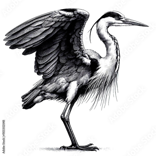 a heron sketch engraving. White background.