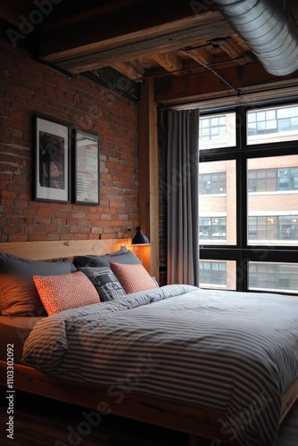 A warm loft bedroom features exposed brick walls, a comfortable bed with striped bedding, and large windows allowing natural light to illuminate the space