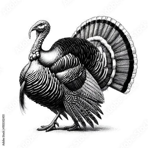 a turkey strutting with its feathers spread wide sketch engraving. White background.