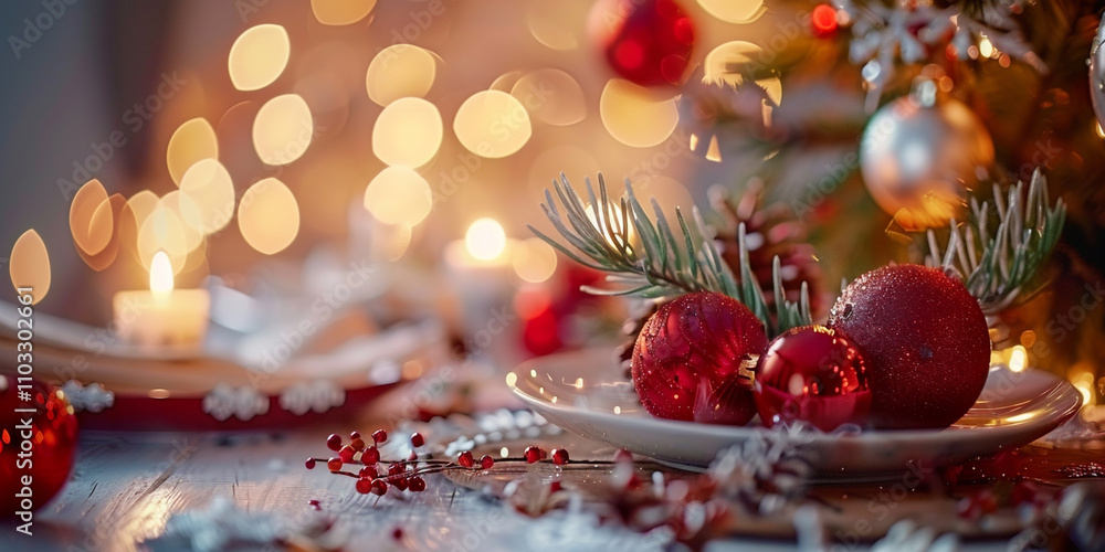 Festive table setting with red Christmas decorations, candles, and bokeh lights.
Festive table setting with red Christmas decorations, candles, and bokeh lights.