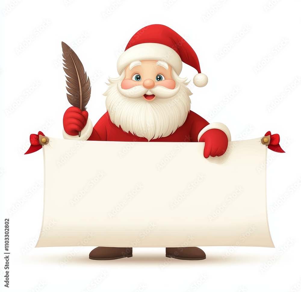 Naklejka premium A cartoon depiction of Santa Claus peeking around a scroll sign with a quill pen in hand, representing the Christmas theme of gifts, the naughty and nice list, or a letter to Santa.