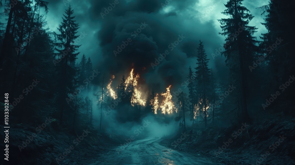 Fototapeta premium A wildfire tearing through a dense forest under a darkened sky