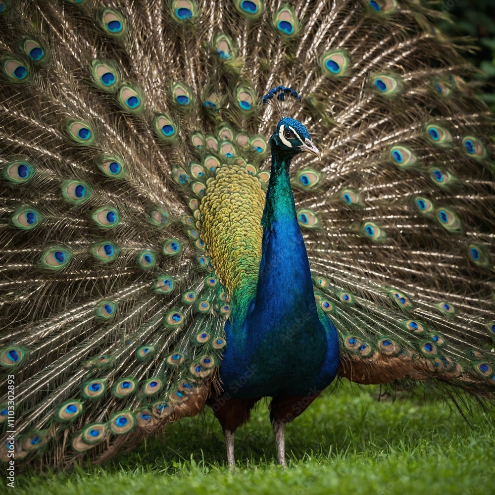 Obraz premium A vibrant peacock spreading its feathers in a lush green garden.