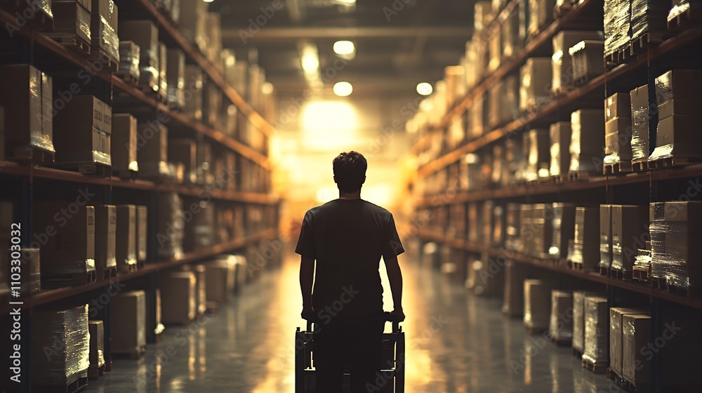 Efficient Warehouse Worker Operating Forklift in Aisles with Stacked Boxes - Detailed Photography of Busy Distribution Process Efficient Warehouse Worker Operating Forklift in Aisles with Stacked Boxes - Detailed Photography of Busy Distribution Process